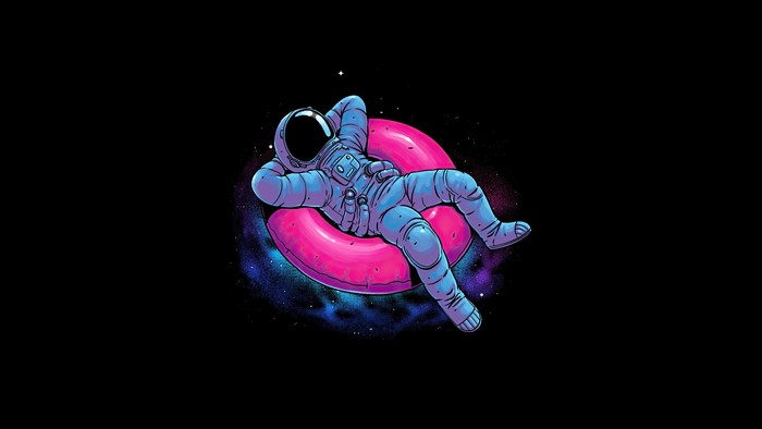 Astronaut relaxing on a pink floater in space