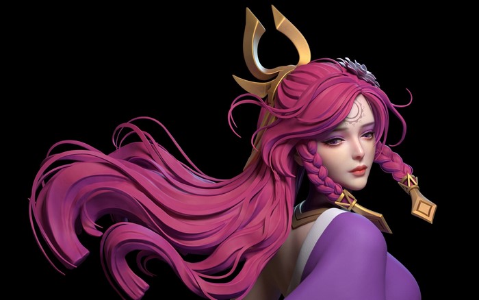 Woman with long pink hair and purple dress