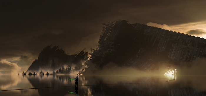 4K anime ruin with a figure holding a lightsaber