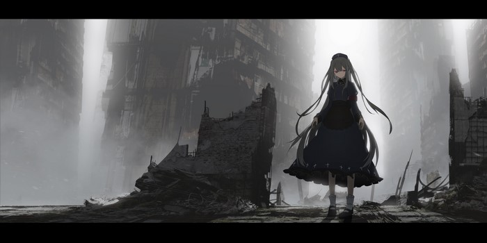 Anime girl in post-apocalyptic city