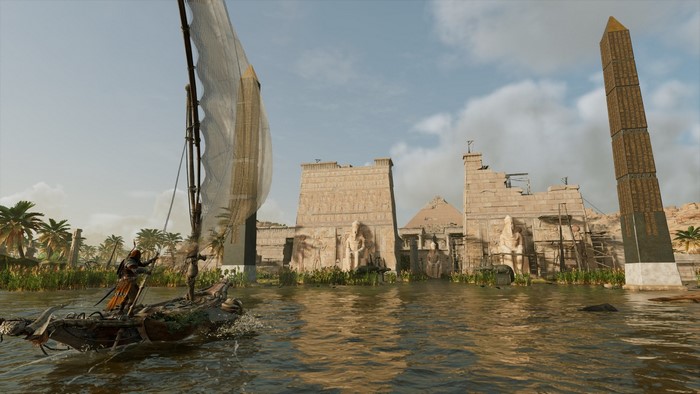 Bayek from Assassin's Creed Origins sailing on the Nile