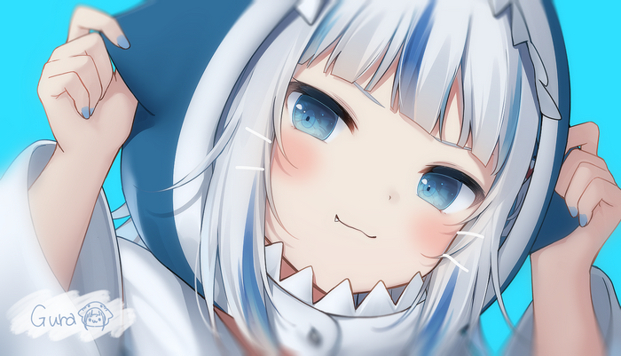 Gawr Gura with White Hair and Blue Eyes
