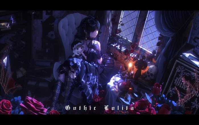 Gothic Lolita anime girl with doll in dark room