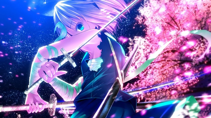 Konpaku Youmu from Touhou with swords and cherry blossoms