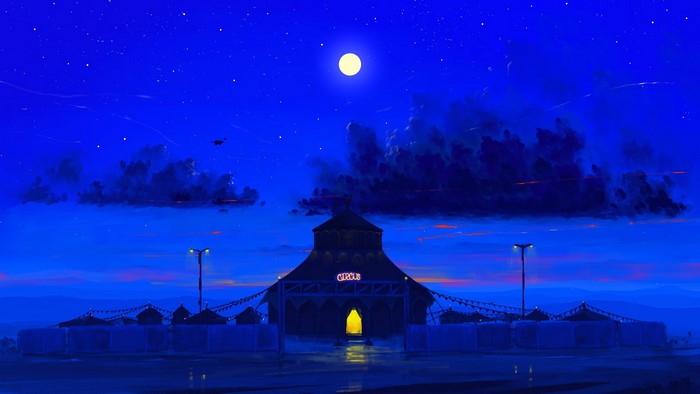 Circus tent at night under the moon and stars