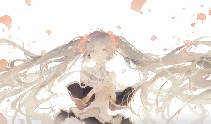 Hatsune Miku from Vocaloid with petals falling