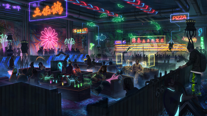 Cyberpunk neon bar with people and holographic projections