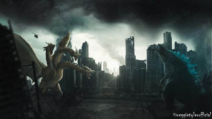 Godzilla vs. King Ghidorah in a destroyed city