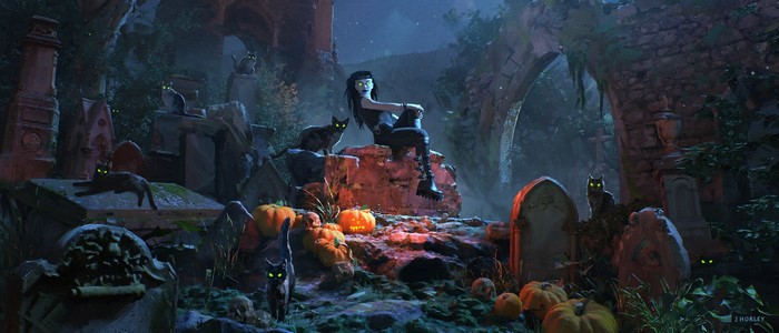Goth girl sitting in a spooky cemetery with black cats
