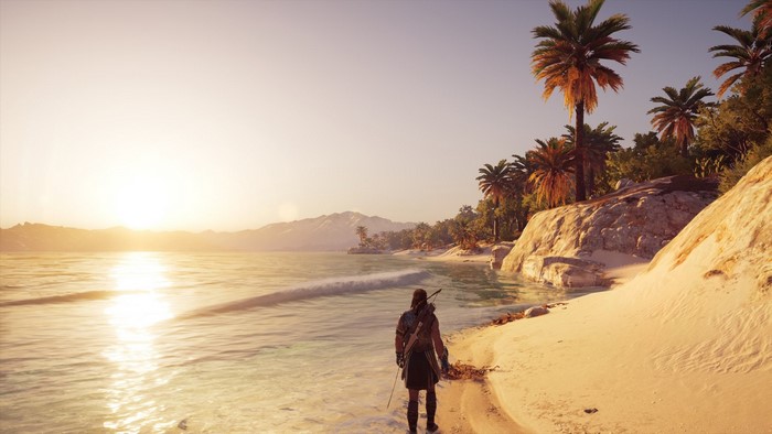 Alexios from Assassin's Creed: Odyssey on a beach