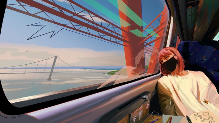 Girl in mask on train looking at bridge