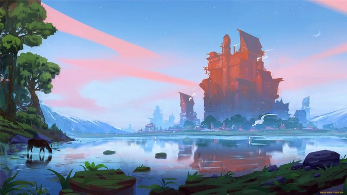 Fantasy town by a lake with mountains and a horse