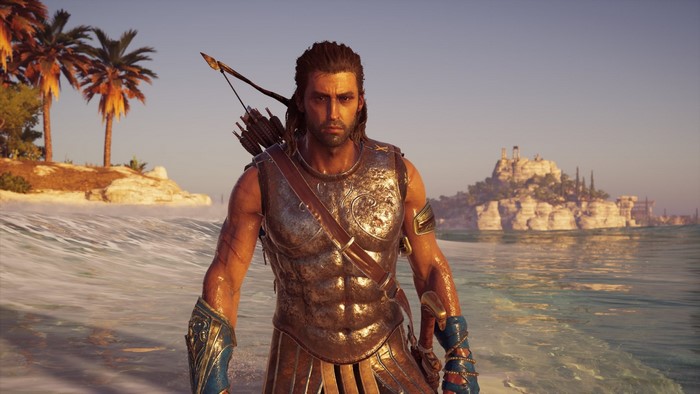 Alexios from Assassins Creed: Odyssey on a beach