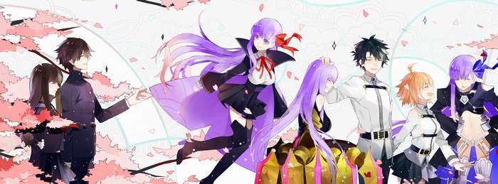 Characters from Fate/Extra and Fate/Grand Order with cherry blossoms