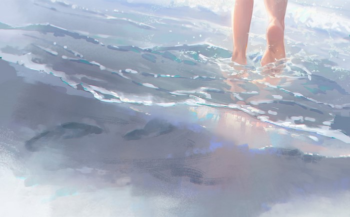 Anime girl's feet wading in ocean waves