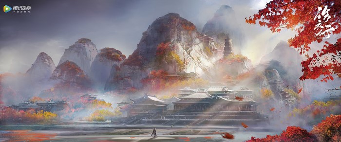 Fantasy landscape with mountains and traditional Asian architecture