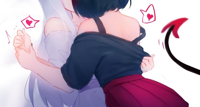 Two anime girls embracing with hearts and a devil tail