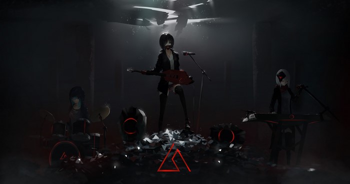 Anime band performing music indoors