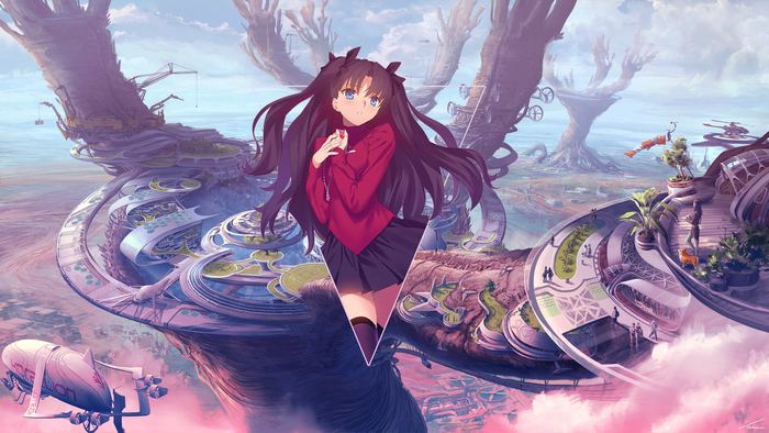 Tohsaka Rin from Fate/Stay Night in a futuristic city