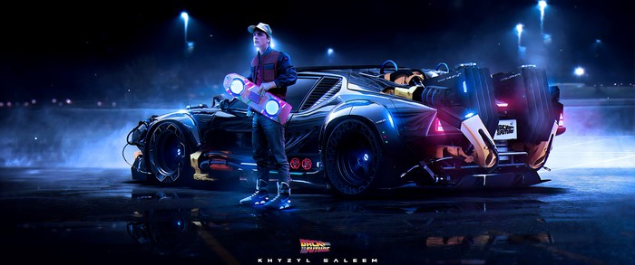 Marty McFly with futuristic car and hoverboard