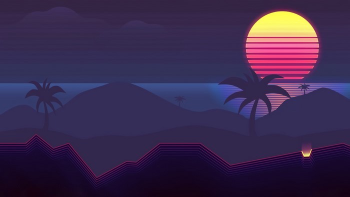 Retrowave sunset over a tropical landscape