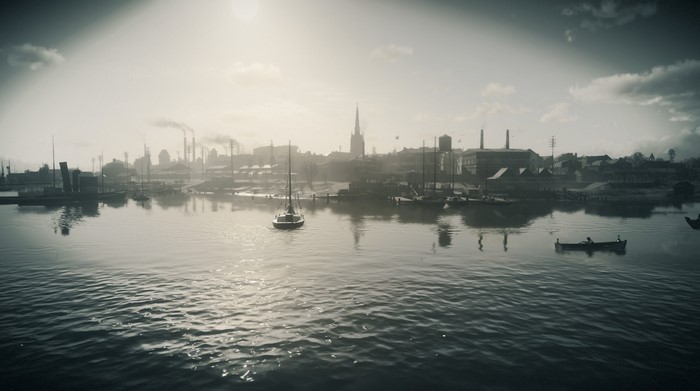 Saint Denis harbor with industrial buildings and boats