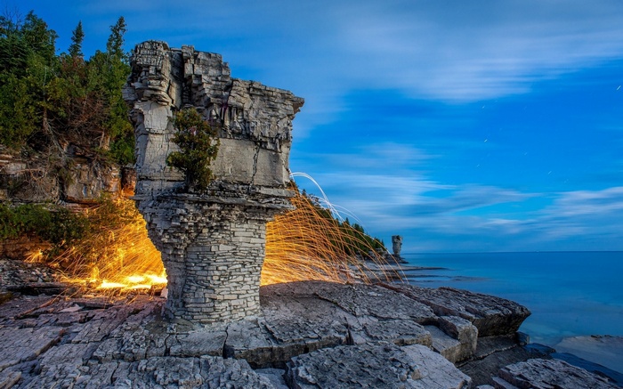 Rock formations with steel wool photography at dusk