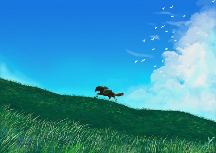 Link riding a horse through a grassy field with birds in the sky