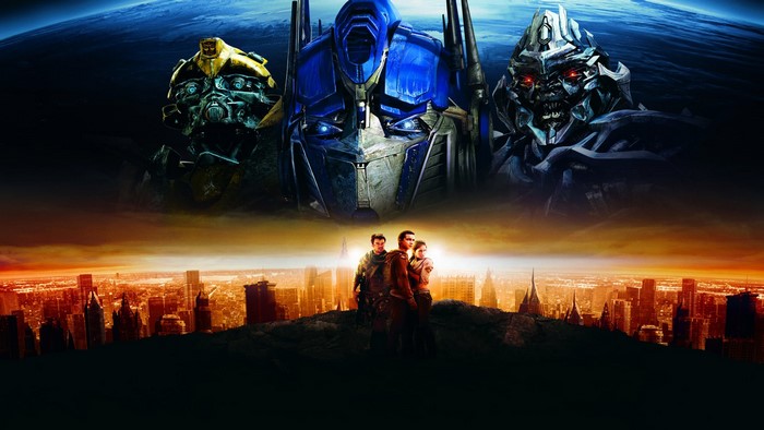Transformers movie poster with Optimus Prime, Bumblebee, and Megatron