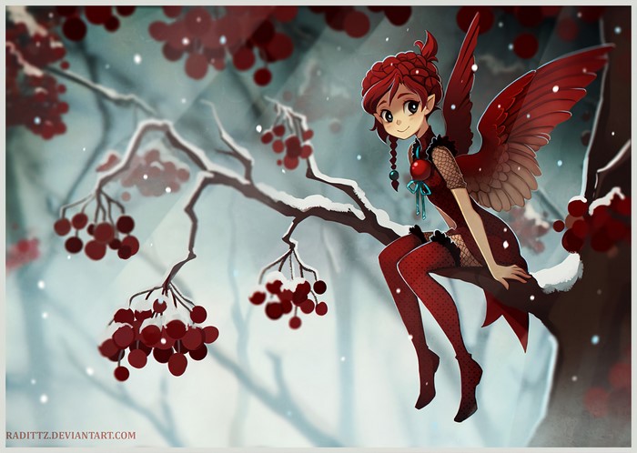 Redhead fairy with bird wings on a snowy branch