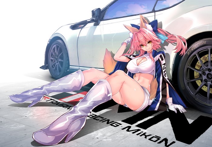 Tamamo no Mae from Fate Series with a car