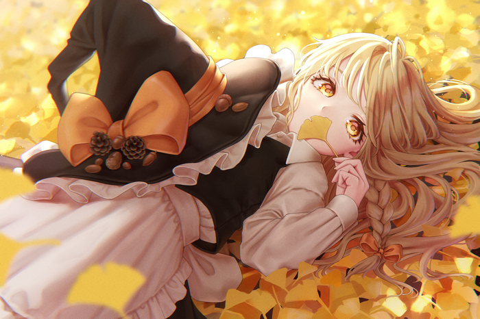 Kirisame Marisa from Touhou lying in fall leaves