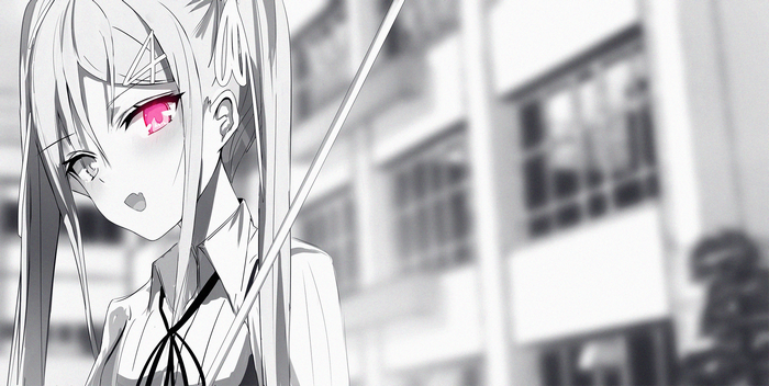 Anime girl with pink eyes and school uniform