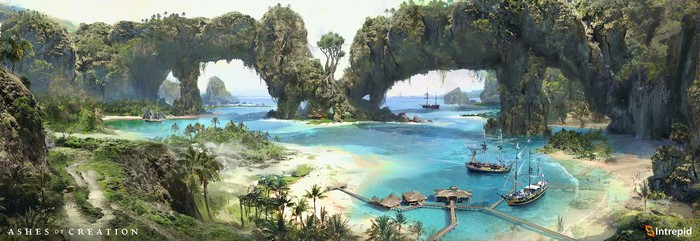 Ashes of Creation digital art of a tropical bay with sailing ships