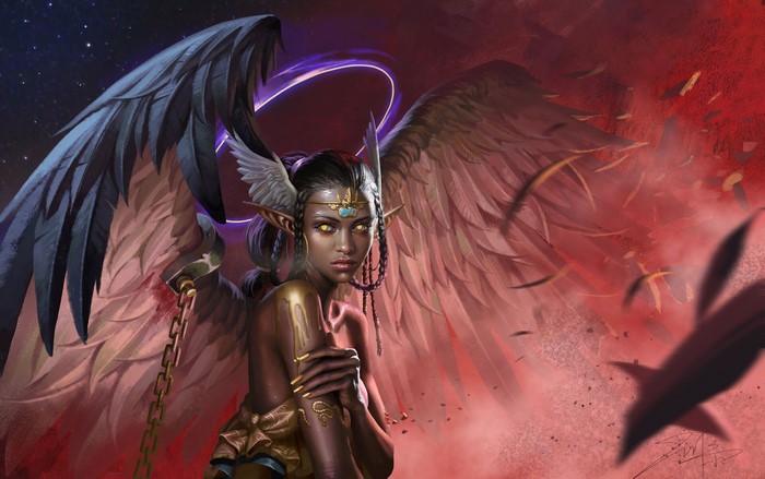 Fantasy angel with dark wings and chains