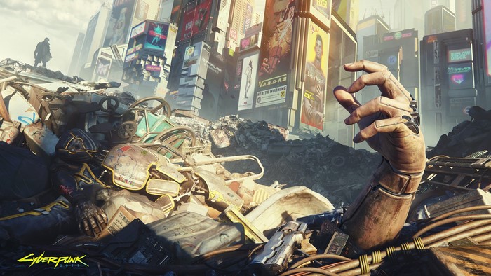 Cyberpunk 2077 4K: Arm reaching from trash pile with skyscrapers