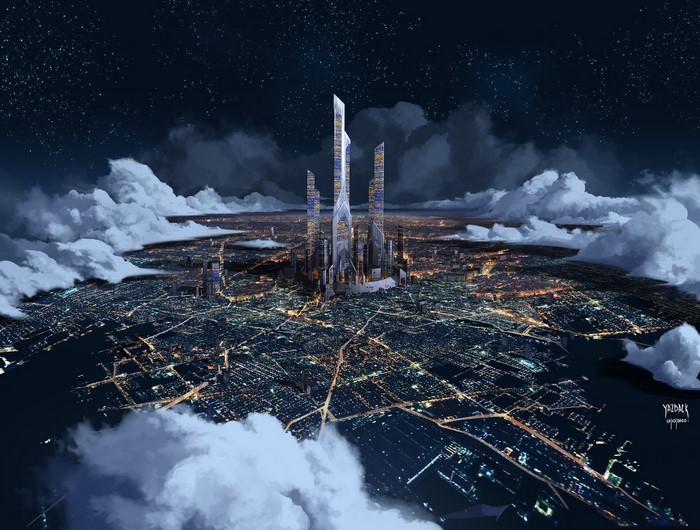 Futuristic city skyline at night with stars and clouds