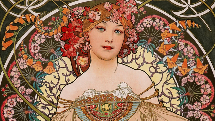 Woman with Flowers in Hair by Alphonse Mucha