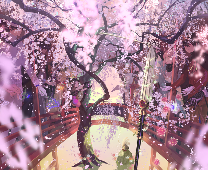 Characters under cherry blossoms