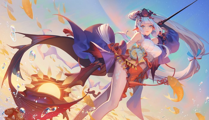 Anime girl with white hair and fish