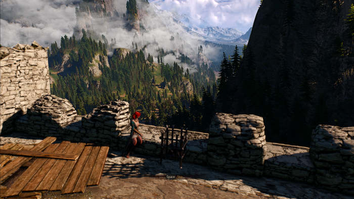 Ciri from The Witcher 3: Wild Hunt on a mountain overlook