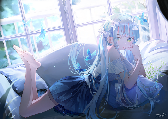 Anime girl with blue hair and butterflies