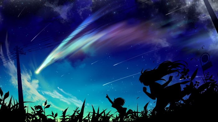 Anime night sky with shooting stars and silhouettes