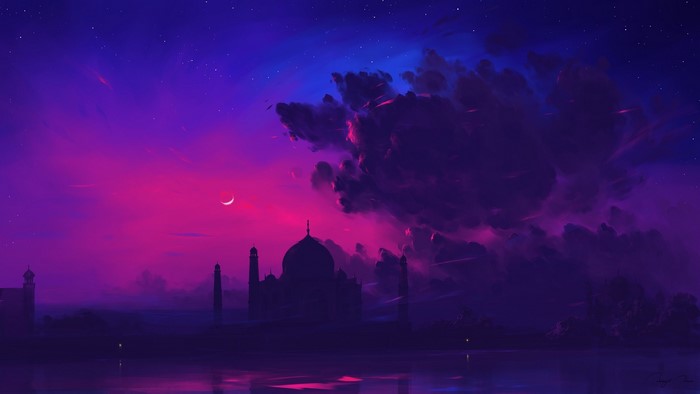 Taj Mahal at night with crescent moon and stars