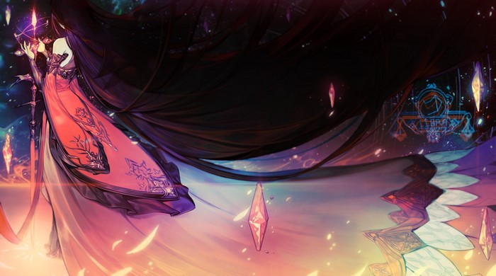 Fantasy girl with long dark hair in a red dress holding a crystal