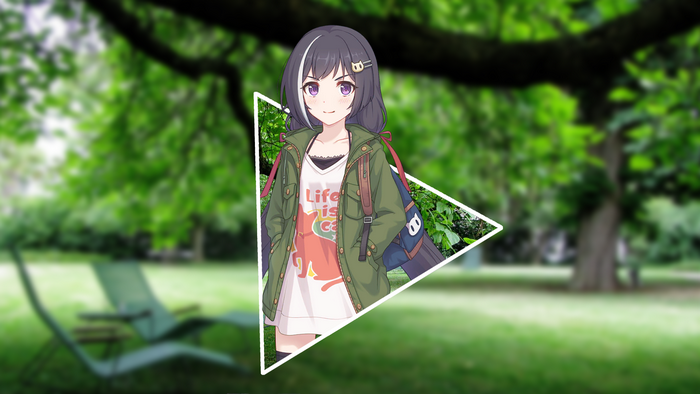 Anime girl in a triangle frame in a park