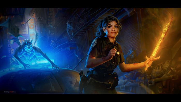 Police woman with flaming sword fighting creatures