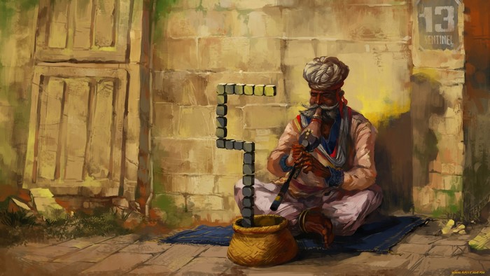 Man playing a flute with a snake-like structure