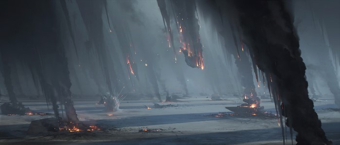 Star Wars battle with explosions and smoke