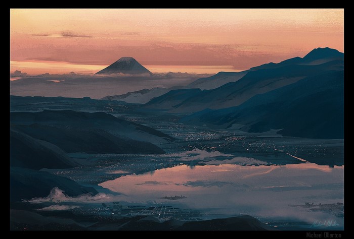 Digital art of a mountain landscape at sunset